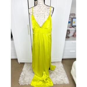 BooHoo NWOT Neon Lime Green Sleeveless V-Neck Satin Slip Maxi Dress Size 12